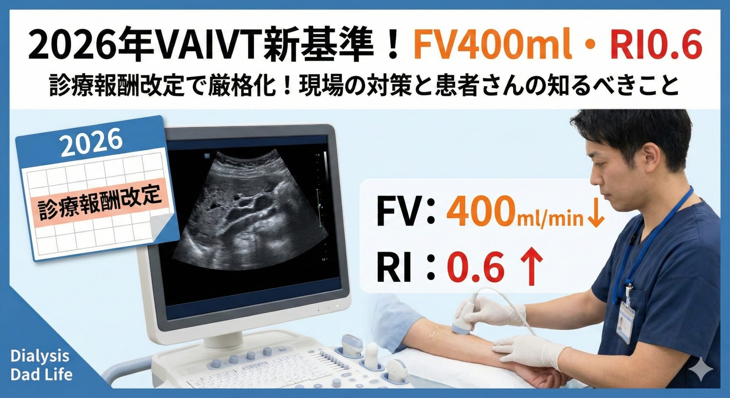 2026年診療報酬改定によるVAIVT新基準（FV400ml・RI0.6）とシャントエコー検査を行う臨床工学技士