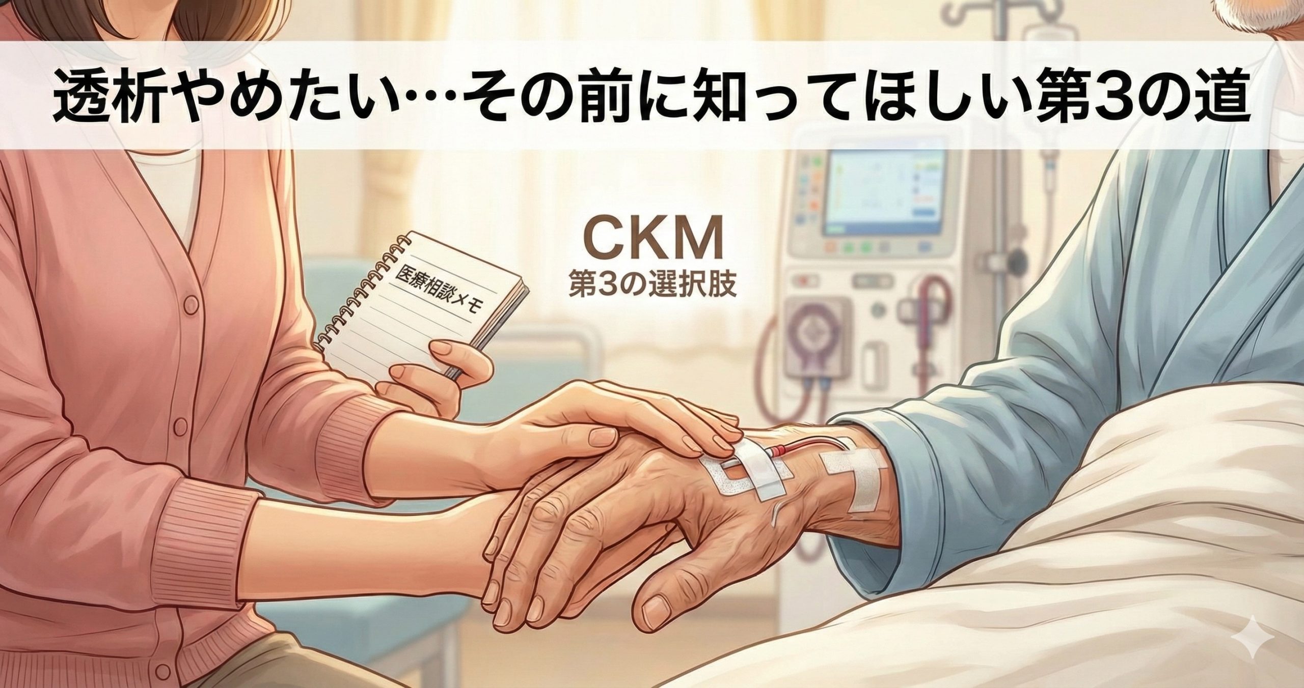 高齢患者の透析シャントの手を握る娘の手元。背景に透析器と「CKM第3の選択肢」テキスト。臨床工学技士の白衣シルエット
