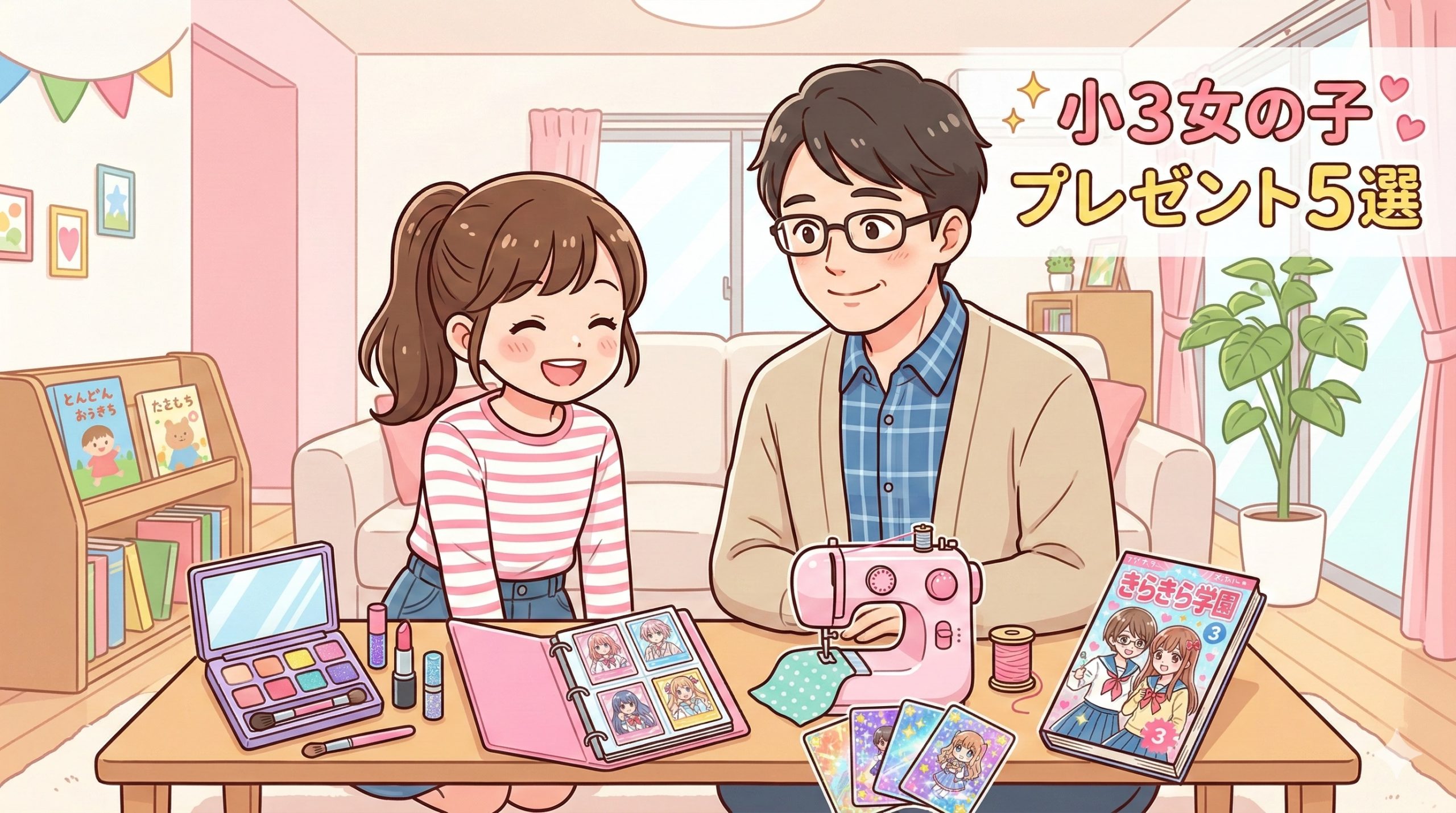 内容： 明るいリビングで、笑顔の小学3年生の女の子と眼鏡をかけた父親が、テーブルに並んだキッズコスメ、ミシン、カード、漫画などのプレゼント候補を前に楽しそうに悩んでいる少女漫画風のイラスト。右上に「小3女の子プレゼント5選」の文字。