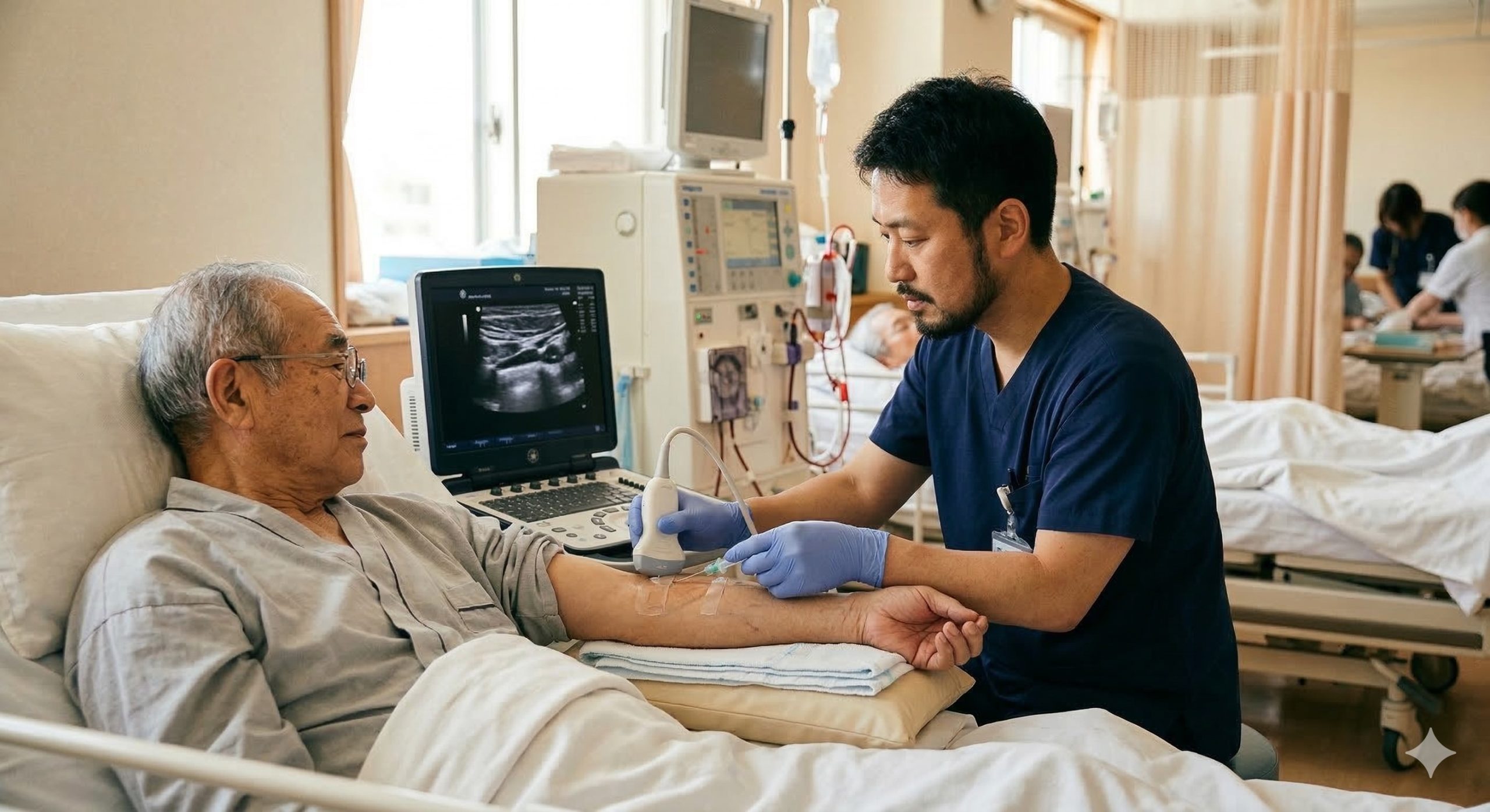 透析室のベッドで40代の男性臨床工学技士が超音波エコー画像を確認しながら、60代の男性患者の腕に正確に針を穿刺している温かみのある写真風の画像。